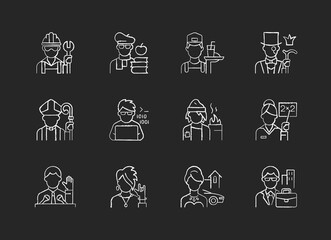 Social status chalk white icons set on black background. Lower and upper class. Political elite. Intelligentsia, aristocratic group. Computer expert. Isolated vector chalkboard illustrations