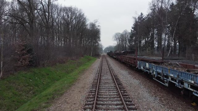 Old historical wagons on the train track in Loenen, the Netherlands, Aerial view