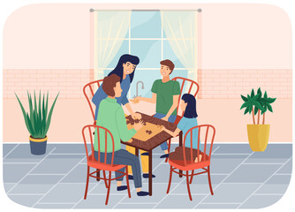 Happy family playing at home together. Puzzle table game, entertainment for parents and children.