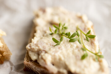 variation of spreads on sourdough rye bread with cress