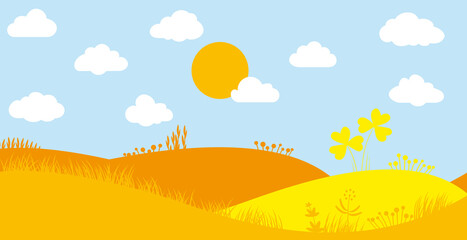 Fototapeta na wymiar Blumenwiese Landschaft Sommer gelb mit blauem Himmel, Sonne und Wolken, vektor, flach