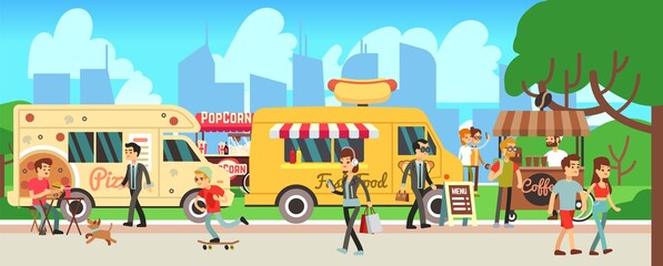 Street food market. People walking city park, cartoon fast food trucks and tents. Man woman eating, skateboarding shopping drink coffee. Outdoor entertainment vector illustration