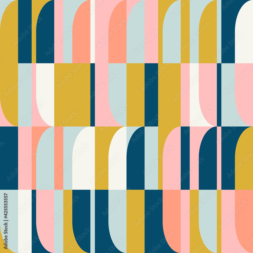 Poster Mid-century geometric abstract vector seamless pattern with simple shapes and retro color palette. Simple composition for web design, branding, invitations, posters, textile and wallpaper.