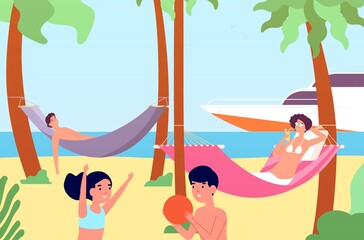 People in hammocks. Outdoor rest, beach relaxation in hammock. Happy family summer vacation, travel or ocean holiday vector illustration
