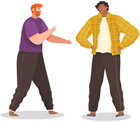 Swearing male characters. Conflict, quarrel. Dispute between young men friends or acquaintances