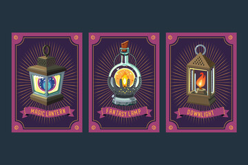 Fantasy card set with antique lanterns. Magic lamp set. Card game design. Collection items.