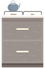 Kitchen equipment vector illustration. Modern stove with gas cooking zones and kettle on flame