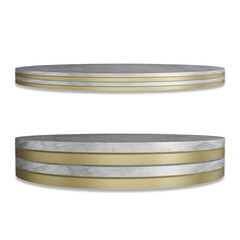 Marble and gold surface pallet Product pedestal or a luxurious golden color On white background with 3D rendering cutting path.