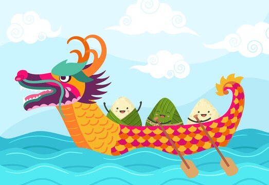Chinese boat festival. Dragons festivity ship, cartoon asian food symbol. Rice dumplings floating in sea, chinese zongzi exact vector banner