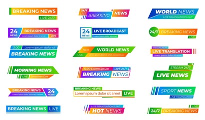 Breaking news bars. Text frames bar, banners or name strip for tv sports title. Modern broadcast header, video stream or show recent vector element