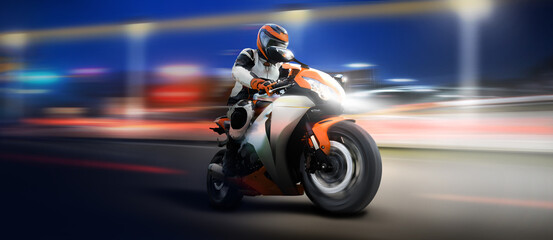 Obraz premium Biker speed fast motion blur motorcycle motorbike race on the highway city by night.