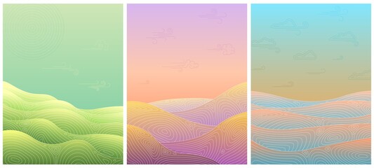 Asian gradient background. Blue abstract elegant waves. Simple art shapes, geometric line japanese posters. Modern minimal recent vector covers