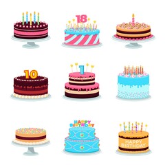 Isolated cartoon cake. Birthday cakes, decorated cute congratulations desserts. Delicious color surprise with candles, sweets recent vector set