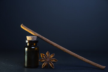 Aromatherapy at home for mind and body fulfilment. Essential oil vintage bottle surrounded by...