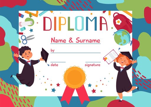 Kids diploma. Children graduation, fun cartoon boy and girl. Happy preschool students, school or kindergarten certificate decent vector template