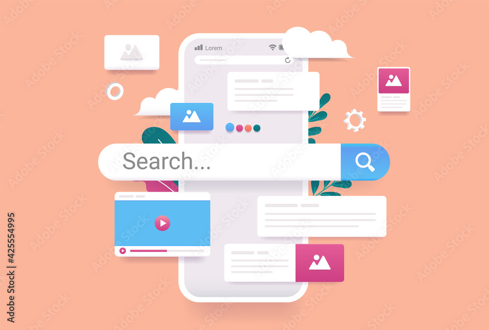 Aufkleber Search engine on smartphone screen - 3d vector illustration of phone with internet search and results popping out. Finding information online concept.