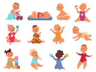 Baby play with toys. Children toy, child playing with blocks. Little kids or babies, isolated fun toddler in diaper. Cartoon infants decent vector set
