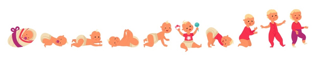 Toddler growth process. Baby development, infant one year life. Kid from newborn to first step. Cartoon child decent evolution vector concept - obrazy, fototapety, plakaty