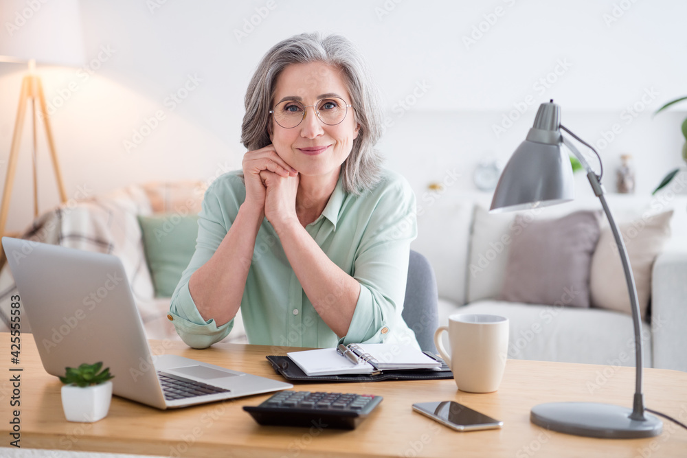 Wall mural Photo of candid attractive lady sit behind desk hand on cheek look camera have good mood working from home indoors