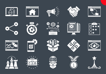 SEO Glyph Icons Set. SEO Related Vector Glyph Icons. Website and APP Design and Development. Simple Glyph Pictogram Pack. Stroke Vector Logo Concept, Web Graphic. Vector icons. Editable Stroke.