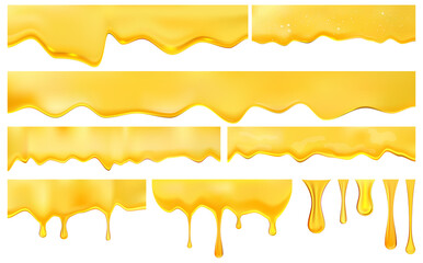 Honey pouring isolated on white background. Dripping honey. Golden yellow realistic syrup. Honey splash dripping sweet drops from bee honeycomb poster for beekeeping honey shop or bakery