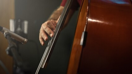 Upright bass player hand