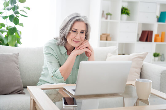 Photo Of Pretty Satisfied Woman Sit On Couch Look Interested Laptop Hands Under Cheek Home Indoors