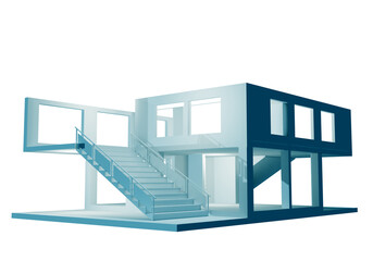 Architectural mock up of a modern building. Architectural model of house. Three-dimensional white mock-up of a house. Three-dimensional models on white background. House 3d with panoramic windows.