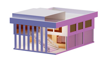 Fototapeta premium Office building layout. Three-dimensional model modern business center. Office building on white background. Two-storey house with stairs. 3d cottage with large windows. Concept architectural design