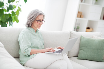 Photo of charming aged woman sit on couch look hold use laptop typing email free time vacation indoors