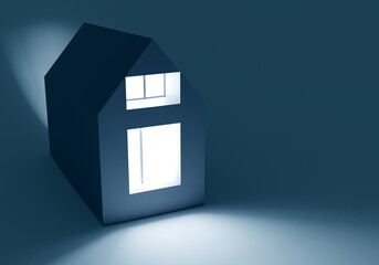 Model of house with triangular roof. Real estate modeling concept. Layout of a house with burning light in windows. Three-dimensional model of private house. 3d illustration on topic of real estate