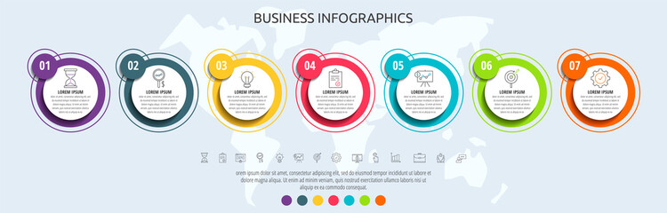 Modern and simple flat vector circles infographic with 7 steps, rhombus. Timeline for diagram, chart, web, banner, workflow layout, presentations, flowchart, info graph, levels, chart