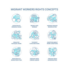 Migrant worker right blue concept icons set. Limitation of working hours. Project tied. Immigrant labor idea thin line RGB color illustrations. Vector isolated outline drawings. Editable stroke