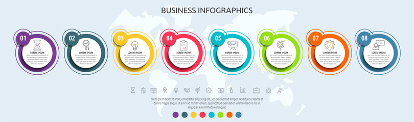 Modern and simple flat vector circles infographic with eight steps, rhombus. Timeline for diagram, chart, workflow layout, presentations, info graph, content, levels, chart, processes diagram
