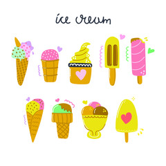 Hand drawn set of ice cream, cute and fun design. Summer dessert concept. Flat illustration.
