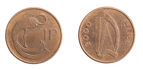 Ireland one penny coin on a white isolated background