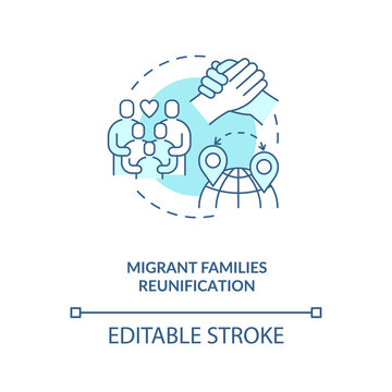 Migrant families reunification blue concept icon. Parents with children together abroad. Immigrant worker rights idea thin line illustration. Vector isolated outline RGB color drawing. Editable stroke