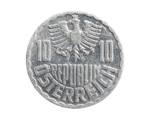 austrian  ten groschen coin on a white isolated background