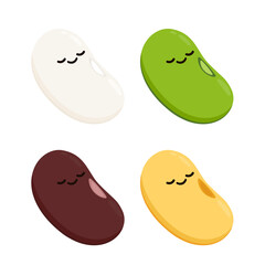 Mung bean, White kidney bean, Kidney bean and Soy bean on white background. Seed character design.