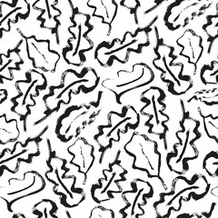 Oak leaf monochrome seamless vector pattern background. Simple calligraphy mix of brush leaves backdrop. Dense textural scribble outline design. Botanical foliage painterly repeat for packaging
