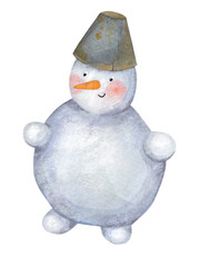 Cute watercolor snowman standing with a bucket on a head. Nursery illustration hand painted in light colors for chrismas, winter, new years eve.