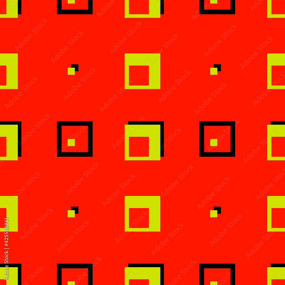 Poster red background and abstract minimal style. vector yellow and black squares.