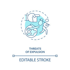 Threats of expulsion blue concept icon. Illegal firing, foreign employee abuse. Migrant worker rights idea thin line illustration. Vector isolated outline RGB color drawing. Editable stroke