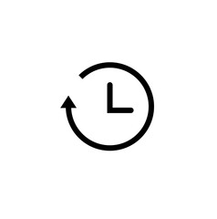 Time icon in black. Clock symbol in flat style. Black clock hands with arrow isolated on white background. Sign of the rapid passage of time. Vector abstract icon for web site design or button to app.