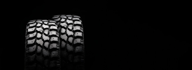 dirt tires for off-road driving on a black background. empty space copyspace, long layout © Vladimir Razgulyaev