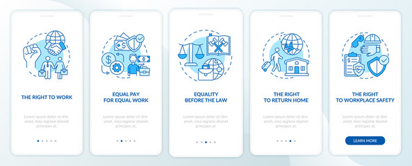 Fototapeta na wymiar Migrant workers rights blue onboarding mobile app page screen with concepts. Immigrant walkthrough 5 steps graphic instructions. UI, UX, GUI vector template with linear color illustrations