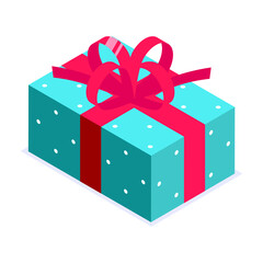Turquoise blue gift box with red bow. Gift for party, celebration, special event like birthday, christmas, valentines day. Modern vector illustration in isometric style. Isolated on white background.