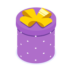 Purple gift box with yellow bow. Gift for party, celebration, special event like birthday, christmas, valentines day. Modern vector illustration in isometric style. Isolated on white background.