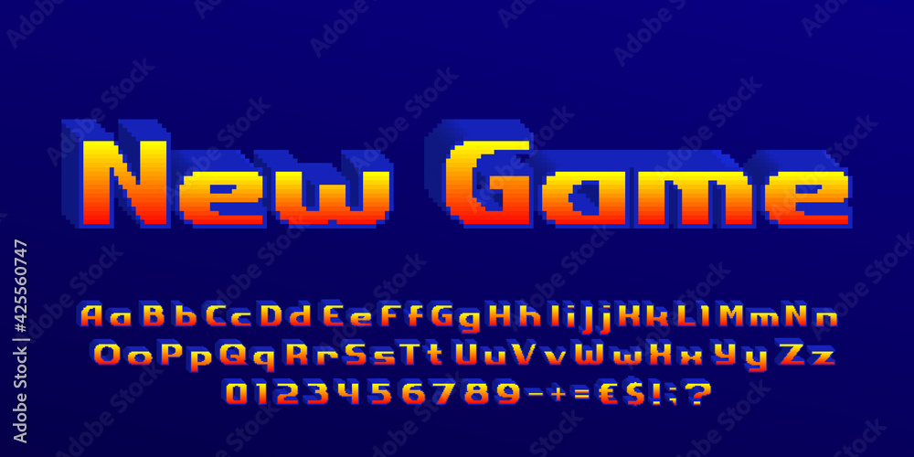 Poster new game alphabet font. 3d pixel letters, numbers and punctuations. 80s arcade video game typescript
