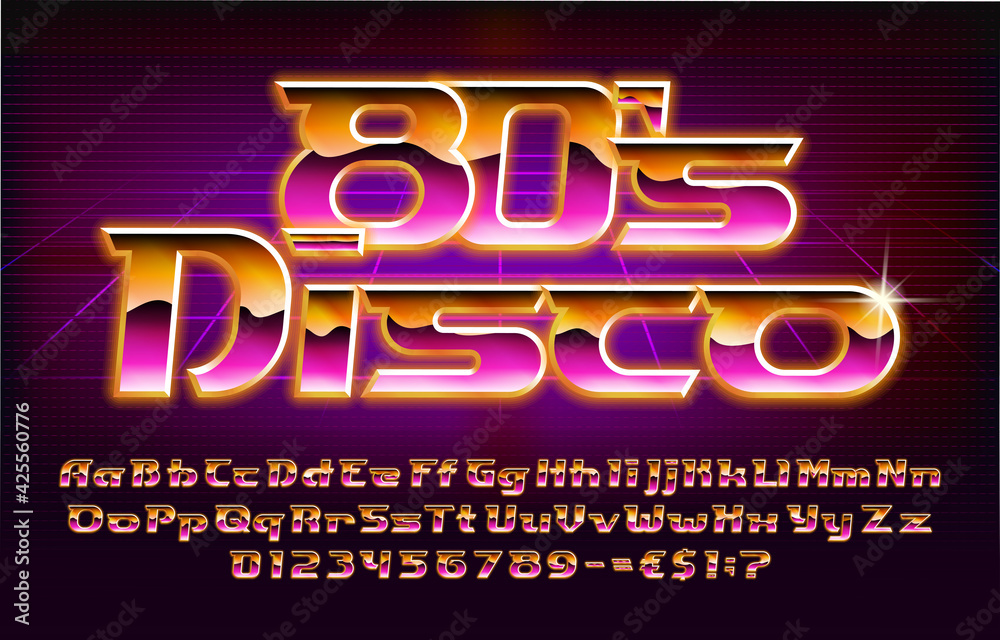 Fototapete 80s disco alphabet font. glowing letters, numbers and punctuations in 80s style. uppercase and lower